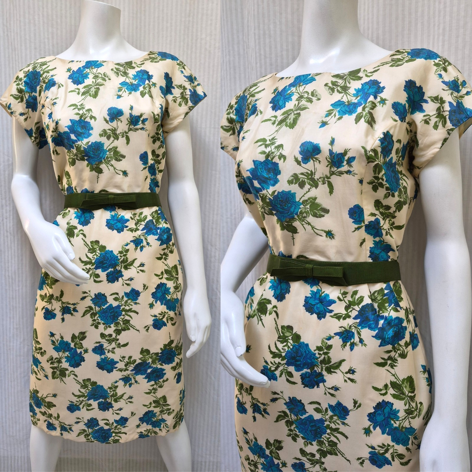 Vintage 1950s Blue Rose Silk Dress with Bow Belt – Size M