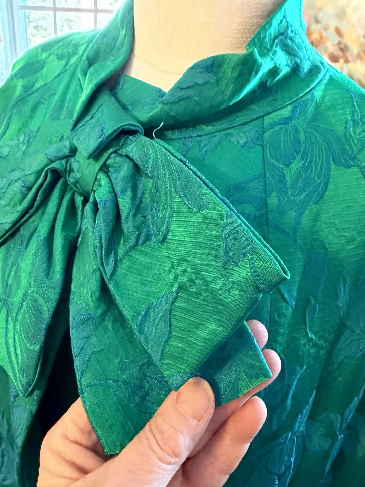 Vintage Custom Tailored Teal Green Blue Jacquard Floral Long Opera Cape-One Size