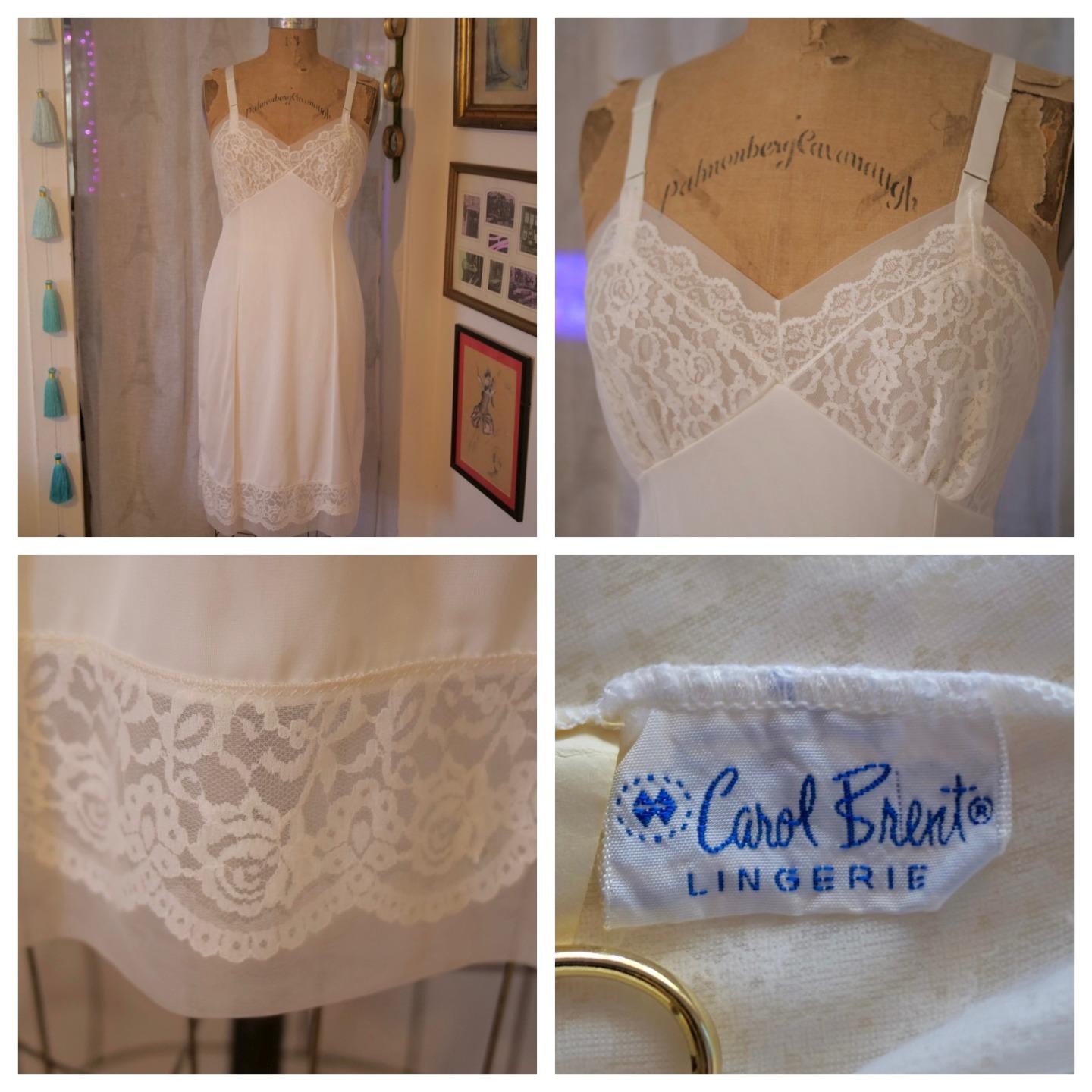 Vintage CAROL BRENT White Nylon Full Slip LACE Chiffon Bodice 34 Shadow Panel