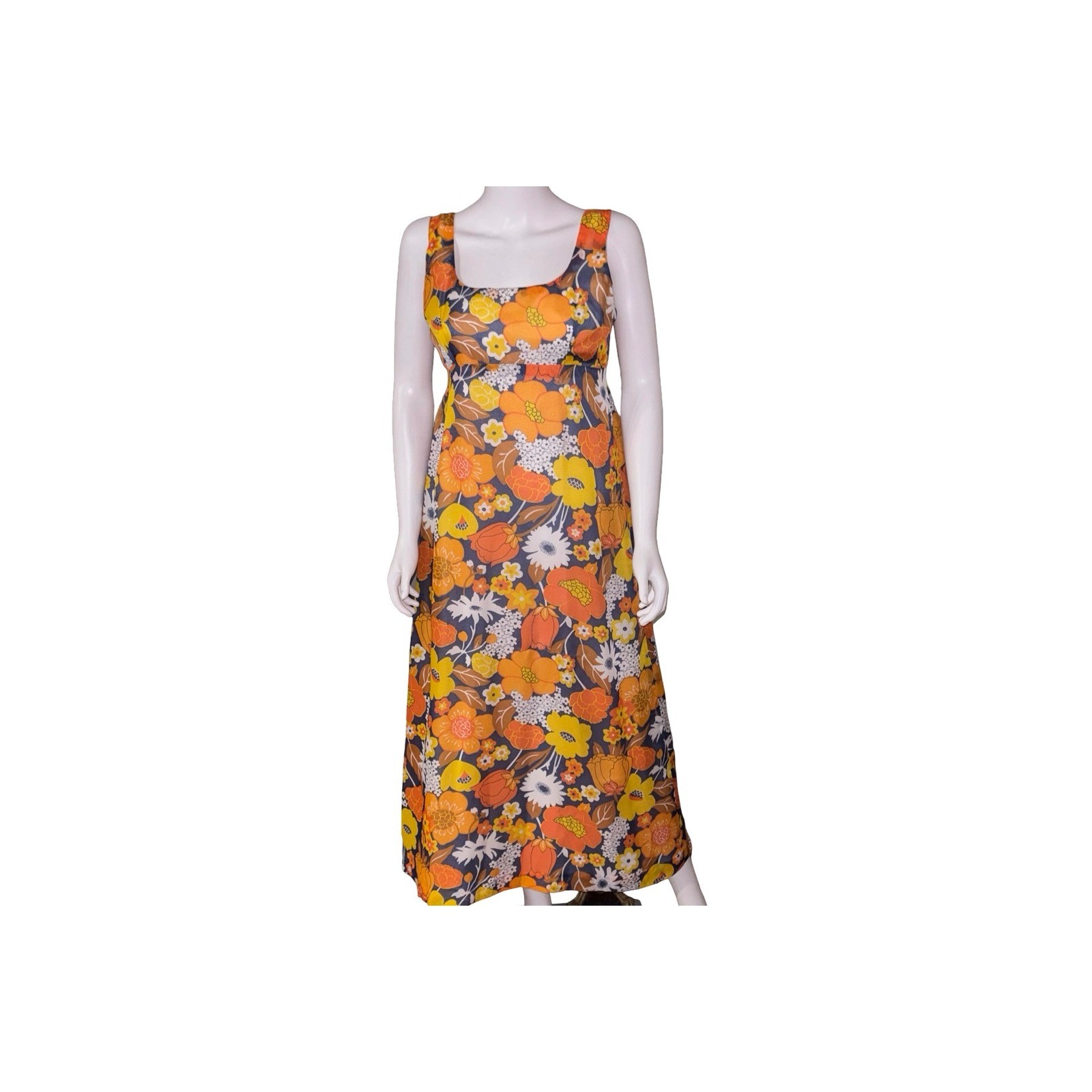 Vintage 70s Floral Maxi Sleeveless Dress Orange Yellow P2P 19&Prime;