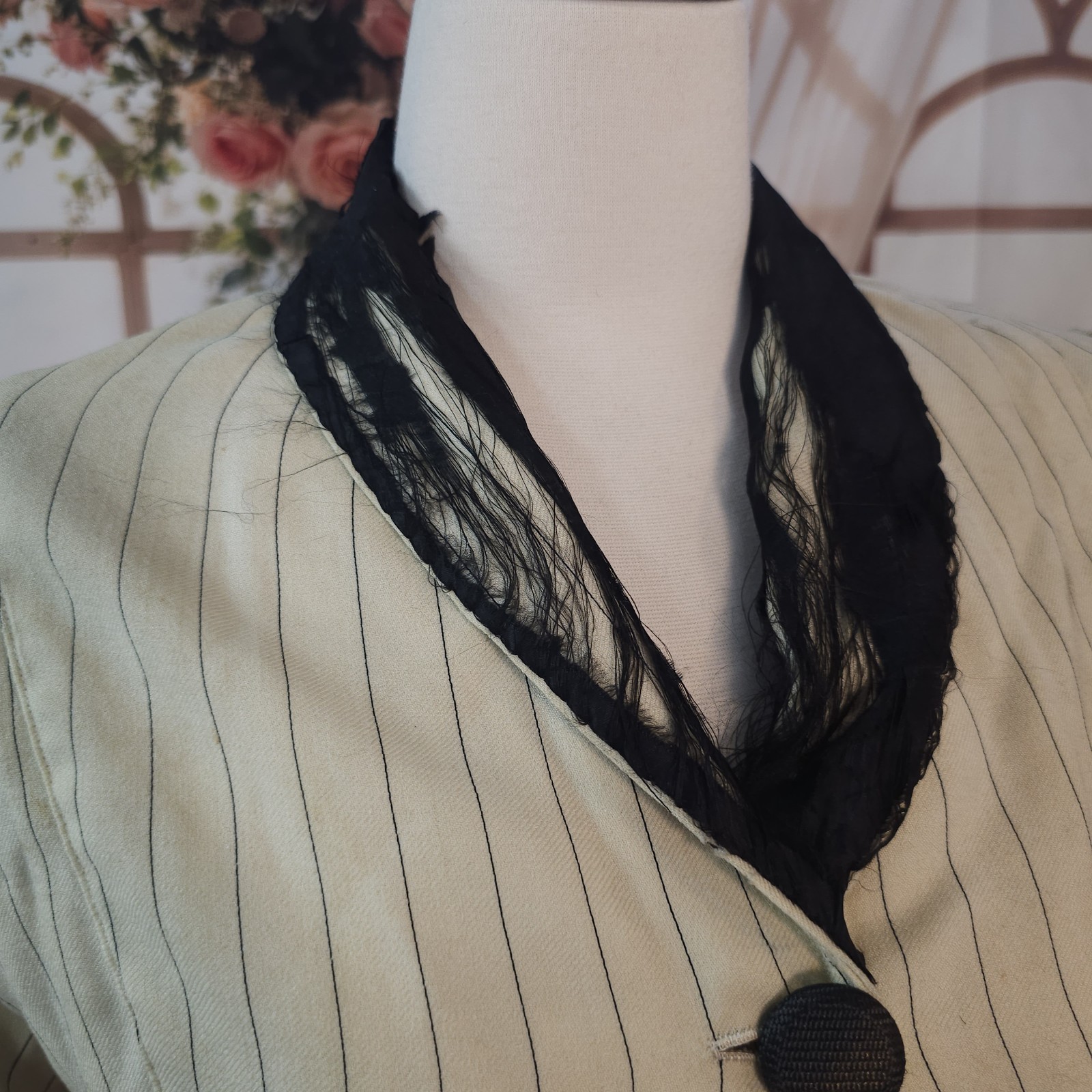 Antique Walking Suit 2 Pc Cream Pinstripe Purse Dress Black Trim Blazer Jacket