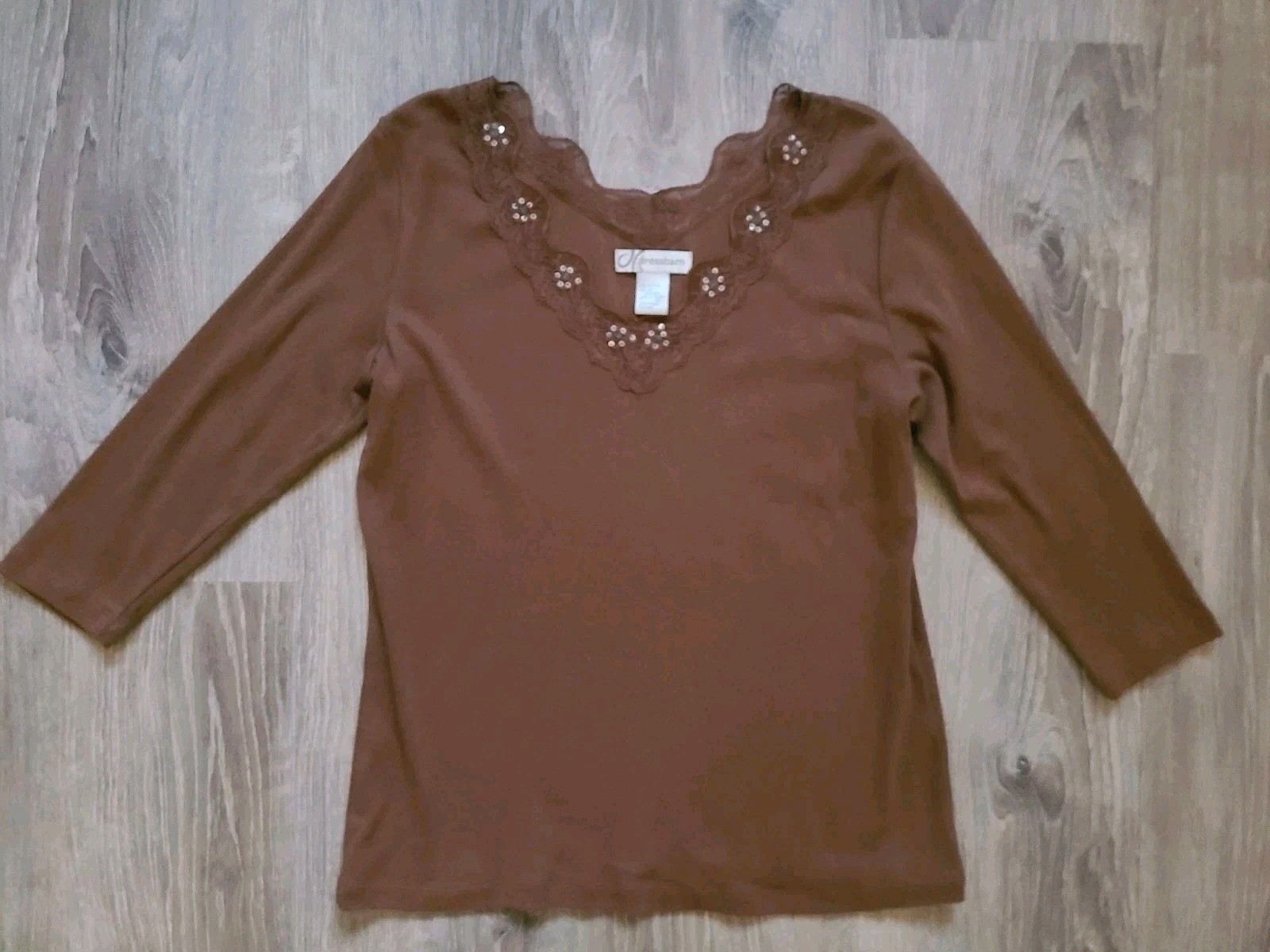 VTG Dressbarn Womens M Fitted Top Beaded Lace Brown Stretchy Y2K Fairycore