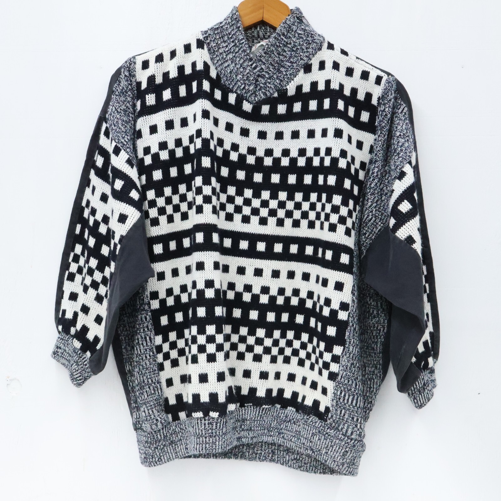 Vintage Oversized Geometric Sweater M Black White Checkered Organically Grown