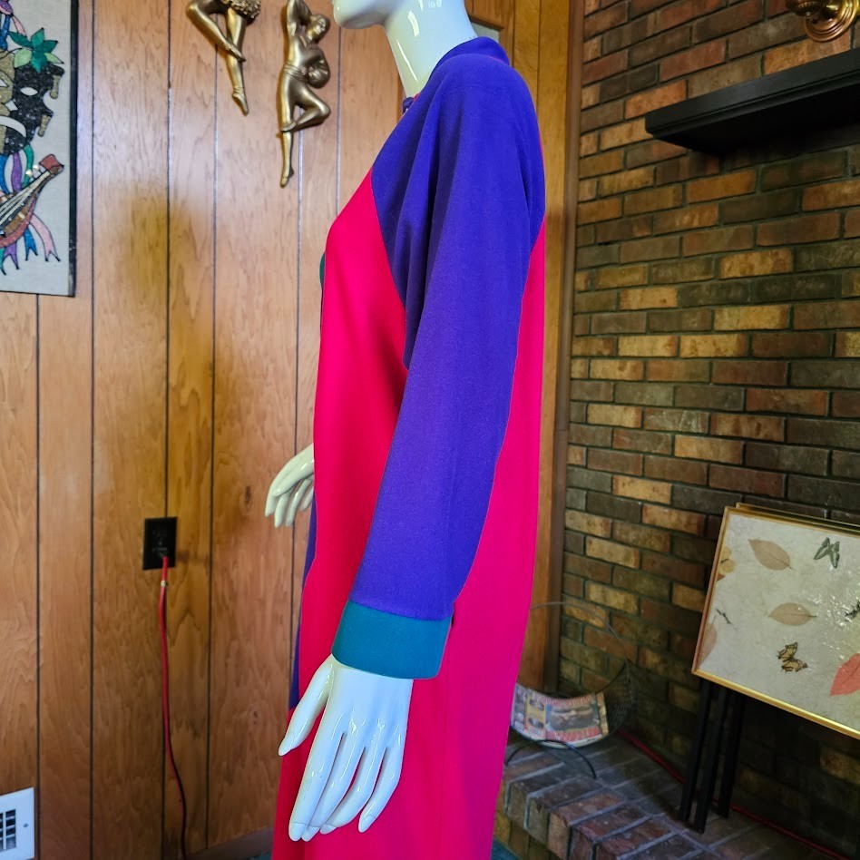 Vtg 80s New Wave Vanity Fair Colorblock Fleece Lounge Maxi Dress Caftan P M/L