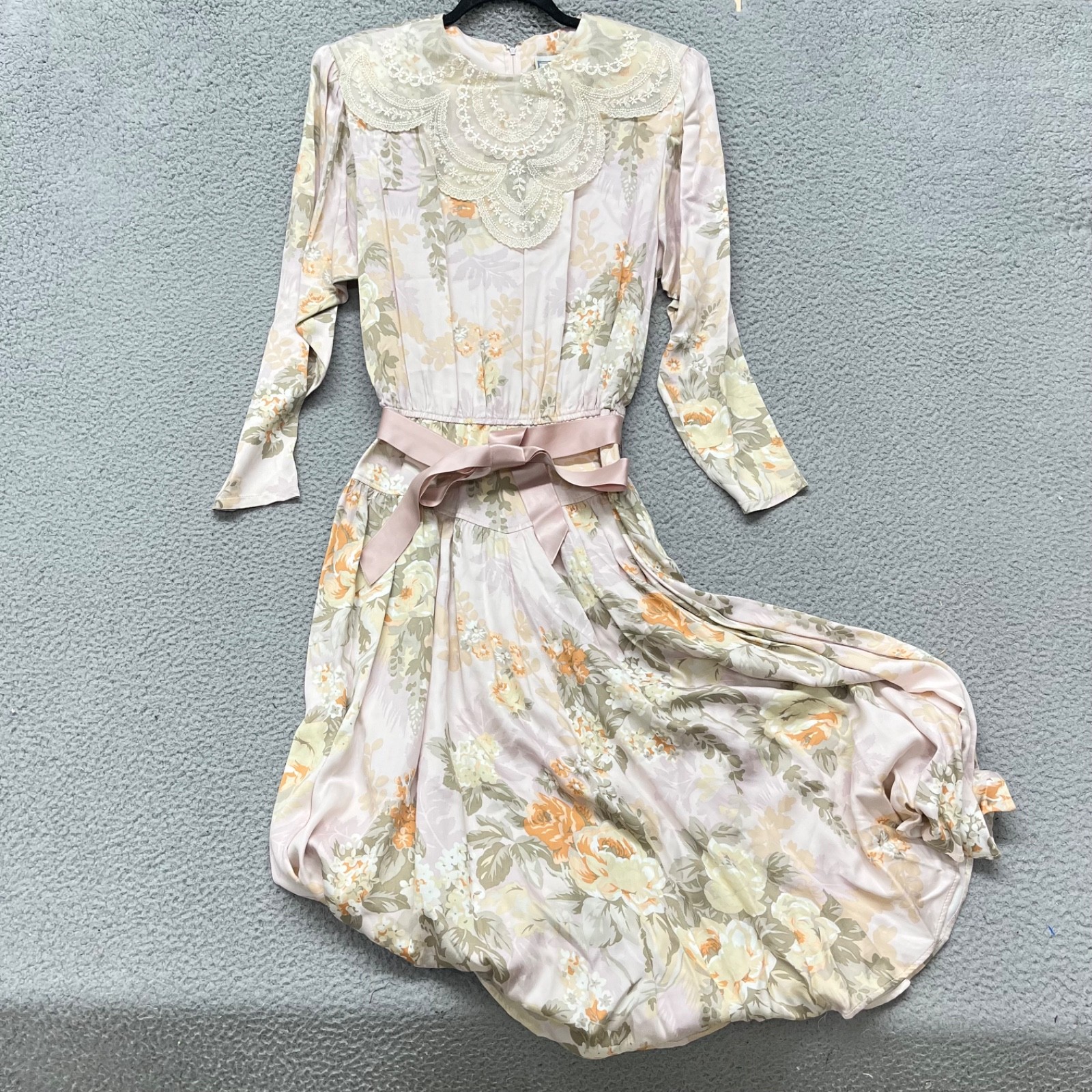 Vtg Donna Morgan Dress Womens 11/12 Pink Floral Midi Belted Lace 90&rsquo;s 80&rsquo;s Retro