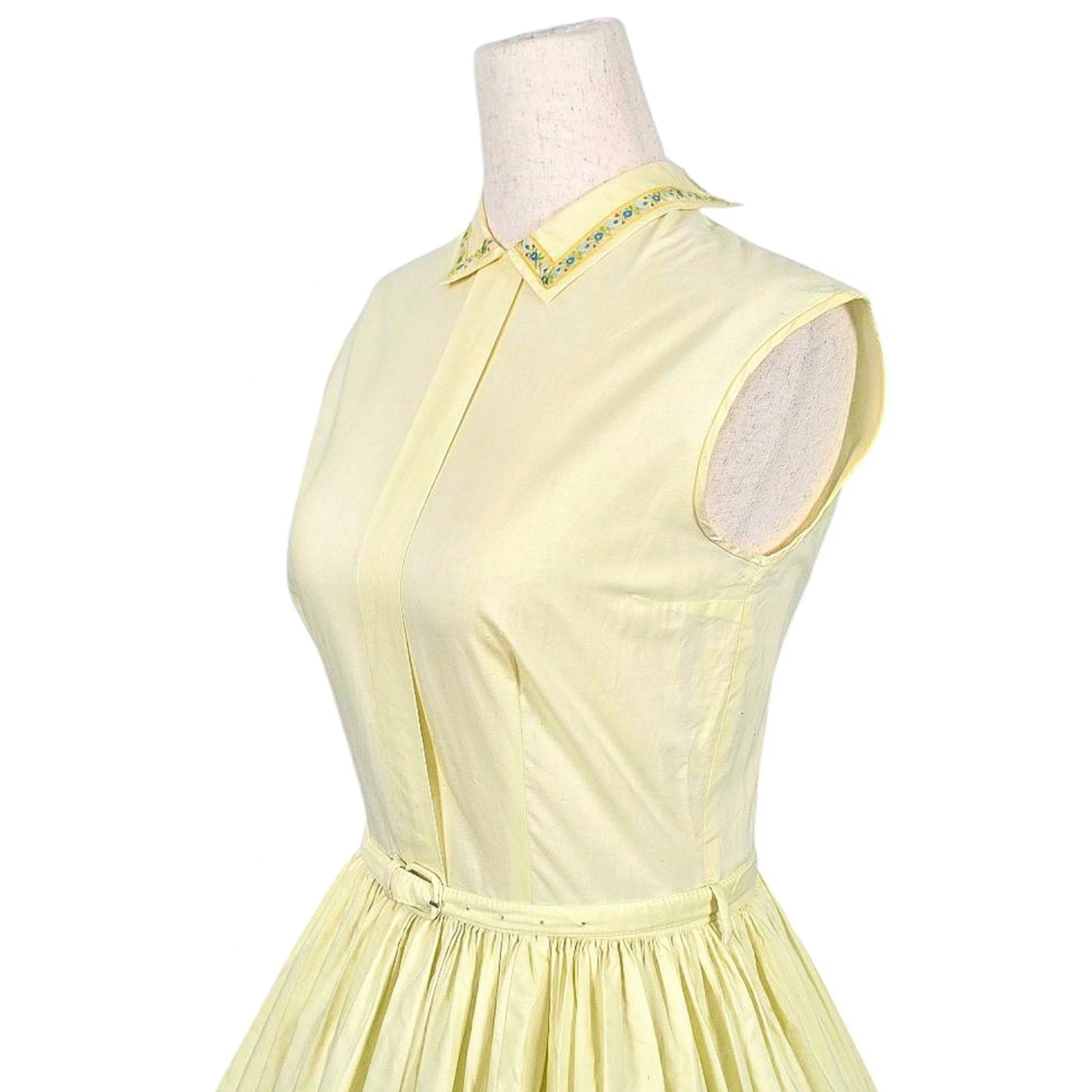 1950s Vintage Dress Belt Set 50s Summer Fit N Flare Cotton Yellow Embroidered XS