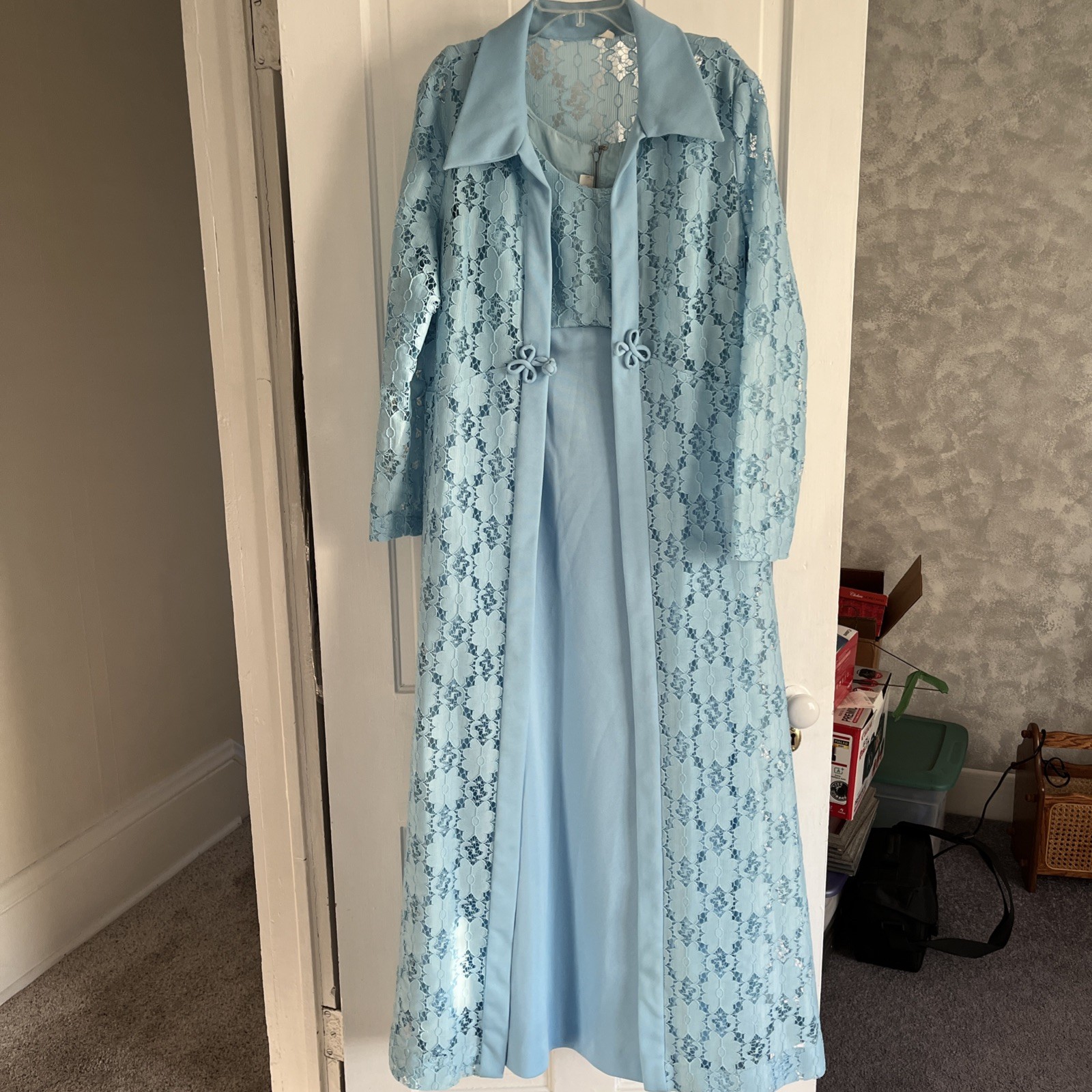 Vtg Maxi Sleeveless Dress Maxi Lace Coat Ocean Blue Set Size 18 1970s Polyester