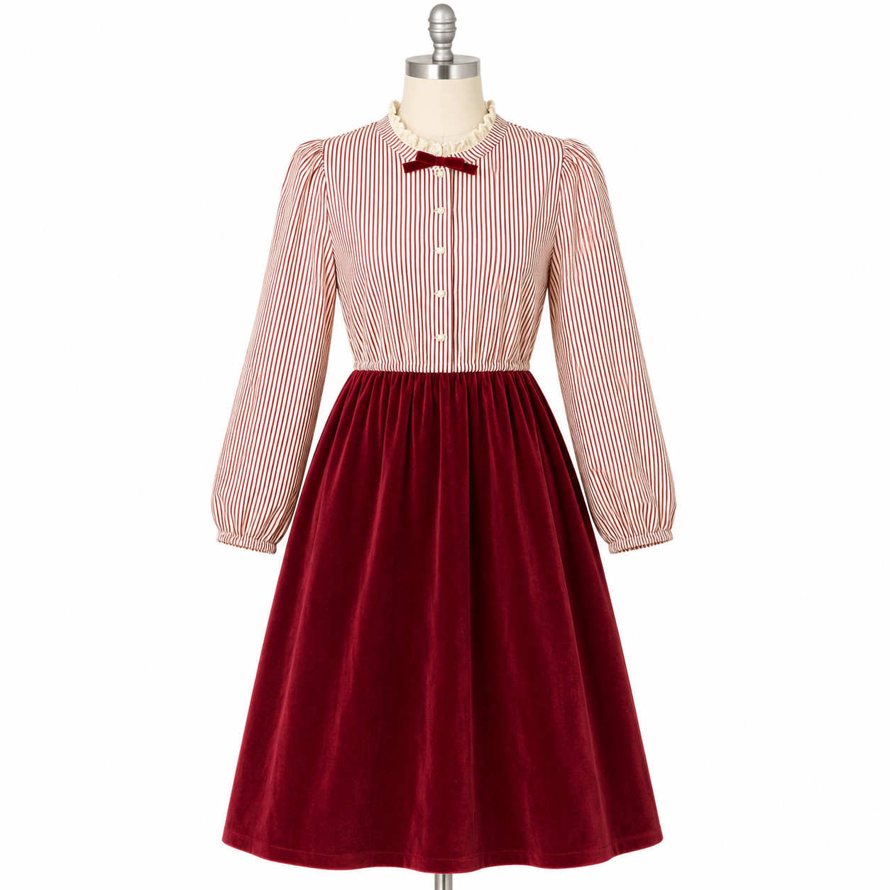 VTG Melissa Petites Striped Vintage Dress – Red & White – Lace Cottagecore RED