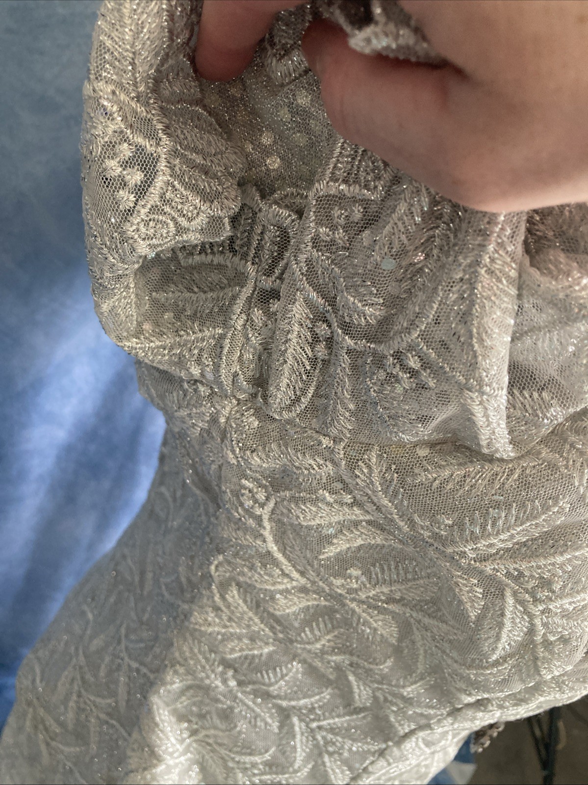 VTG 80s ASPEED USA Silver Lace Dress Jacket Set 2pc Formal Gown Prom Wedding Med