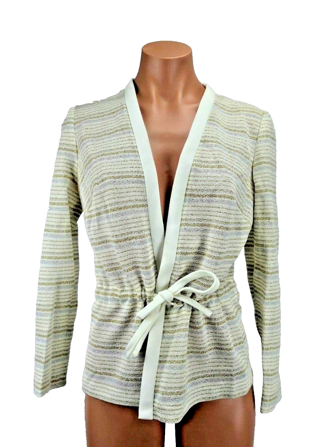 VINTAGE 70s Melissa Lane Cardigan Metallic Bolero Striped Tie Front Sweater Sz 8