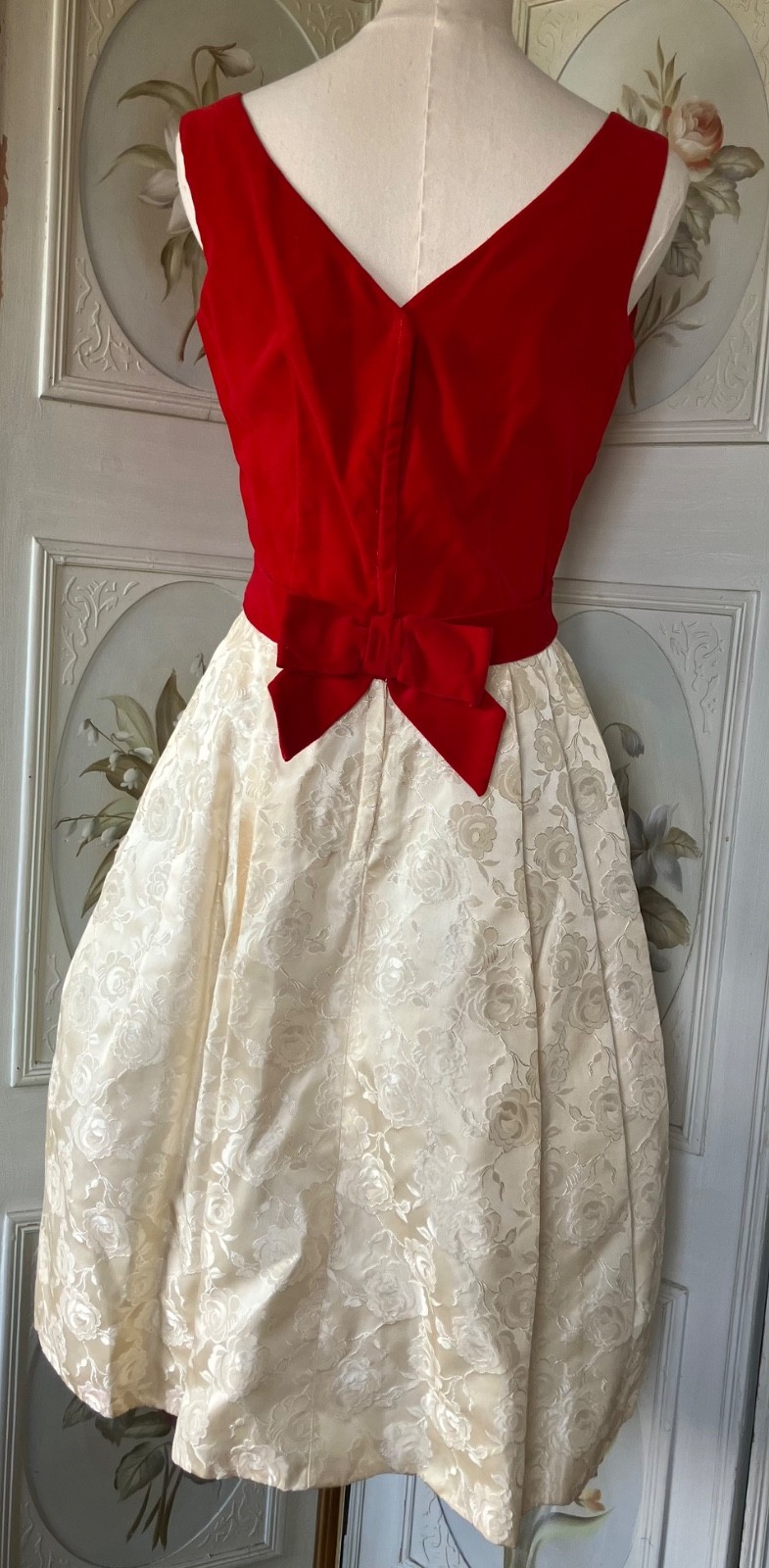 NWOT NEW VTG 50s PARTY DRESS SLVLSS RED VELVET CREAM JACQUARD+LACE SHRUG 13/14