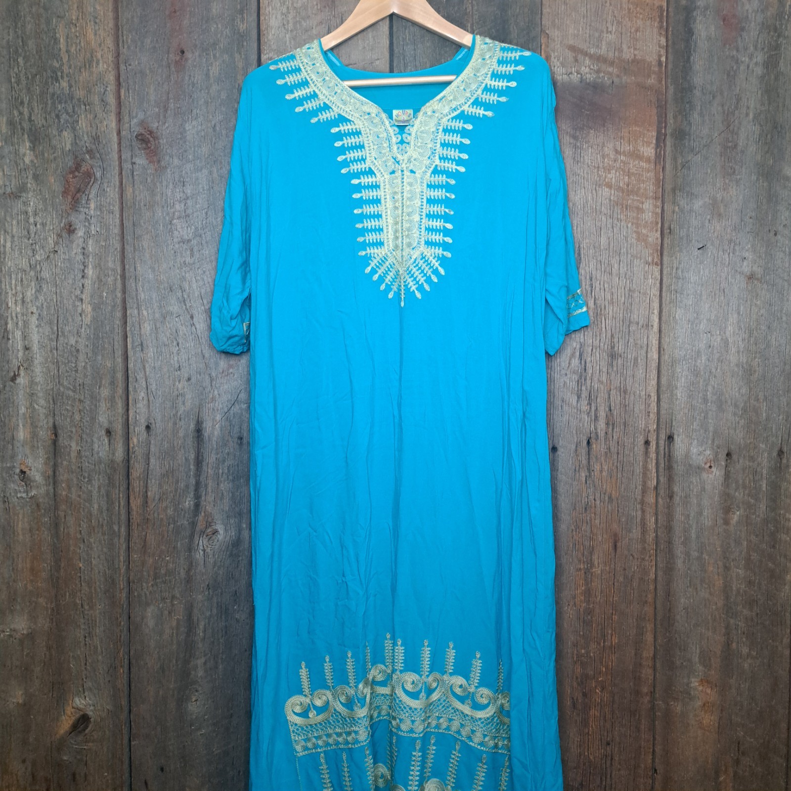 Boho Vintage Hours Aegean Turquoise Gold Moroccan Embroidered Kaftan Maxi Dress
