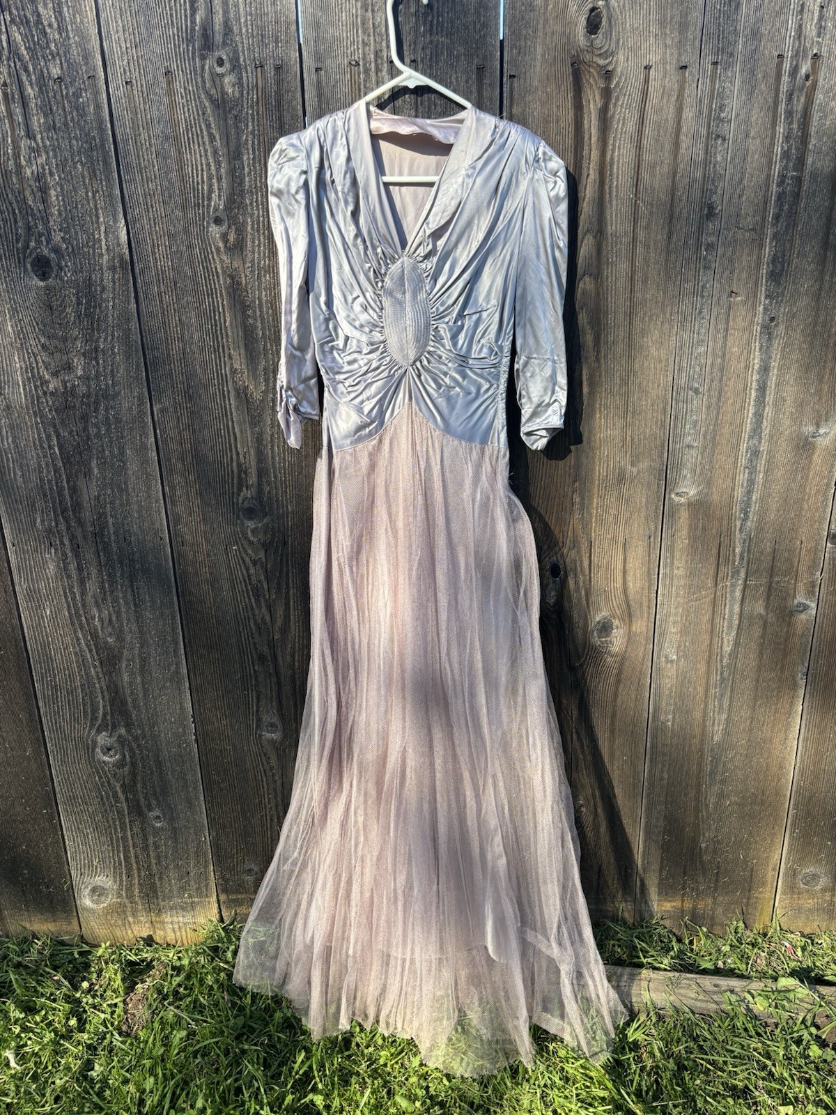 Vtg 40’s Liquid Satin And Tulle Evening Gown In Pale Lilac Minor Flaws Size XS
