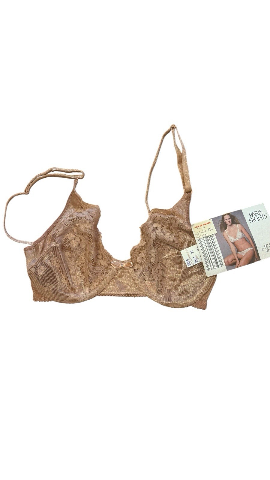 Vintage Lily Of France Tan underwire lace Bra Size 32C NWT