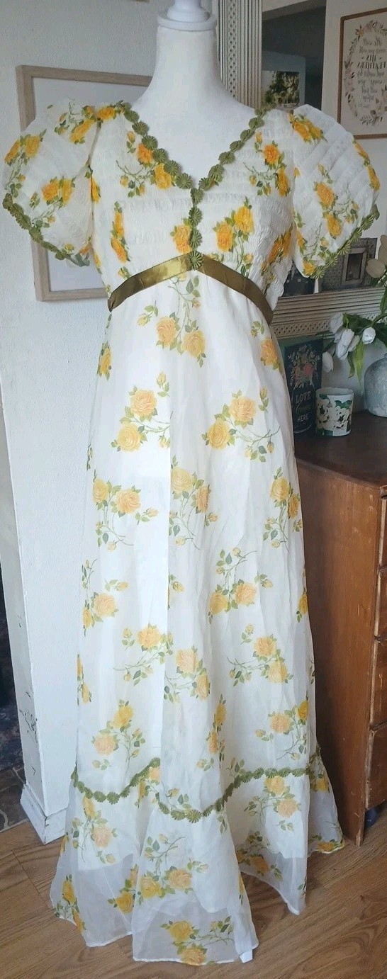 Womens XS/Small Vintage 60s Hippie Yellow White Green Floral Maxi Prom Dress