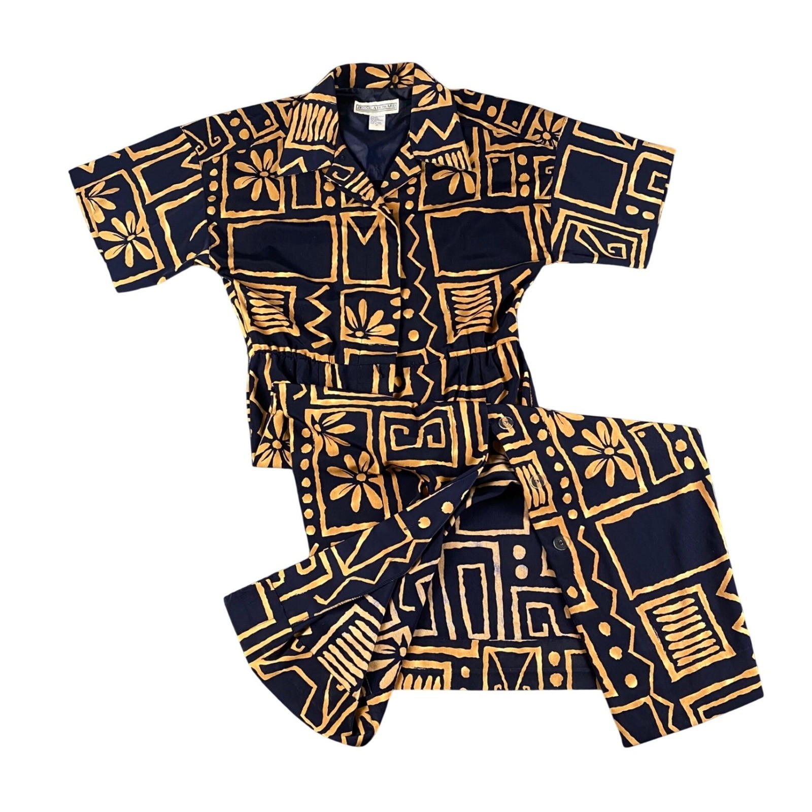 Jessica Howard Navy Gold Geometric Floral Button Front Midi Dress Vintage Sz 10