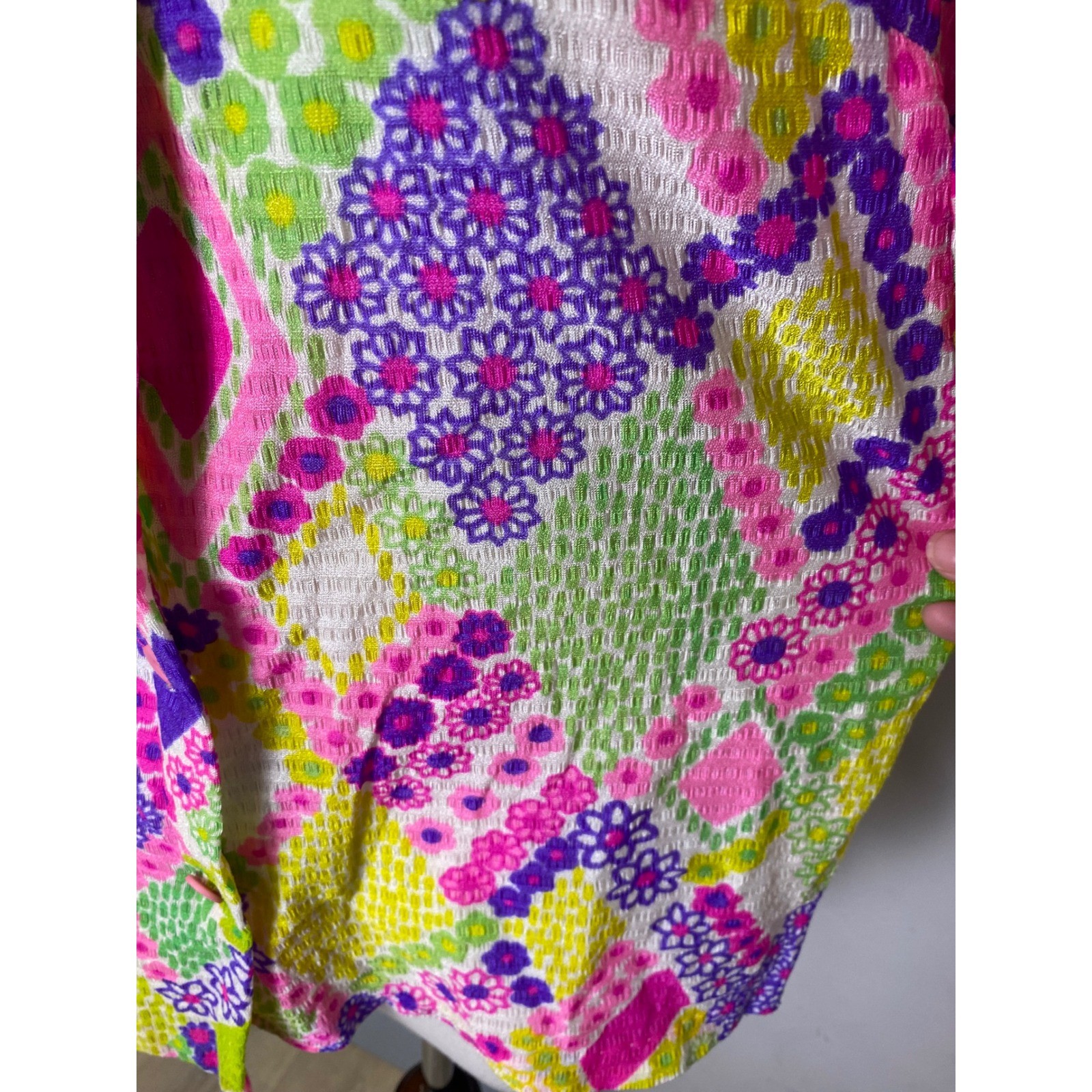 Vintage 60s Psychedelic Floral Geometric Button Up Blouse Pink Purple Green Neon