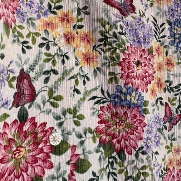Bon Worth Button Up Shirt Retro Crinkle Fabric Floral Butterflies Camp Collar 1X