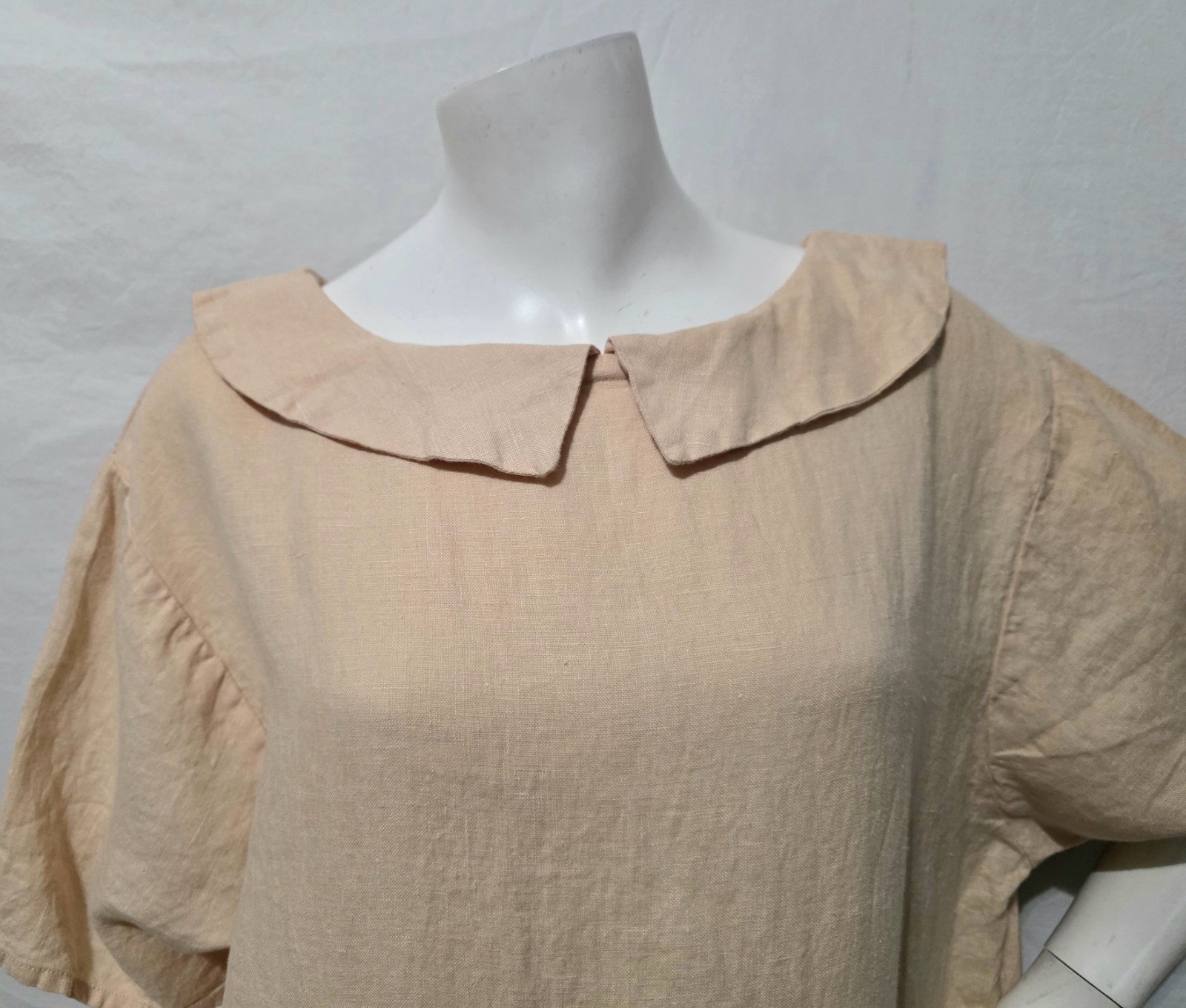 Vtg Flax by Angelheart L Dress Long Tan Linen Drop Waist Short Sl Lagenlook &rsquo;90s