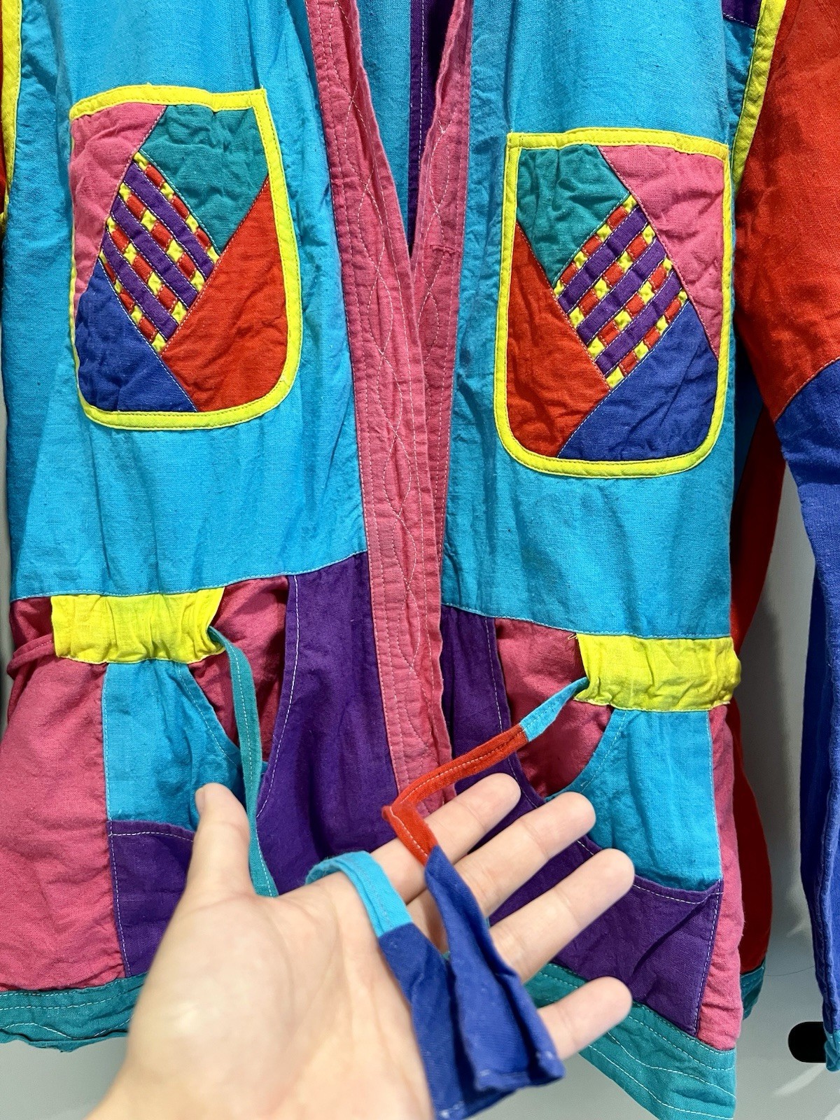 Vintage Handmade Retro 2-in-1 Reversible Patch Color Block Jacket Robe Size M/L.