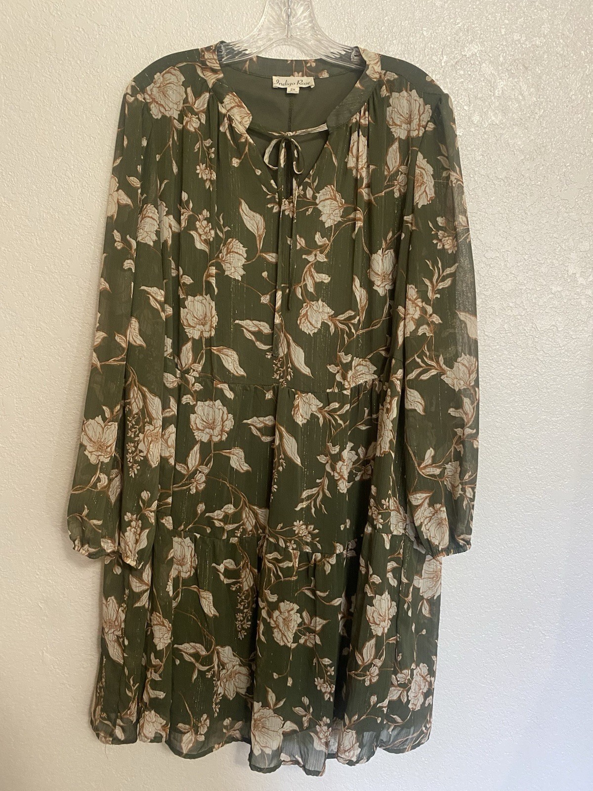Vintage 90’s Indigo Rose Olive Green Tiered Babydoll Midi Dress Cottagecore Boho
