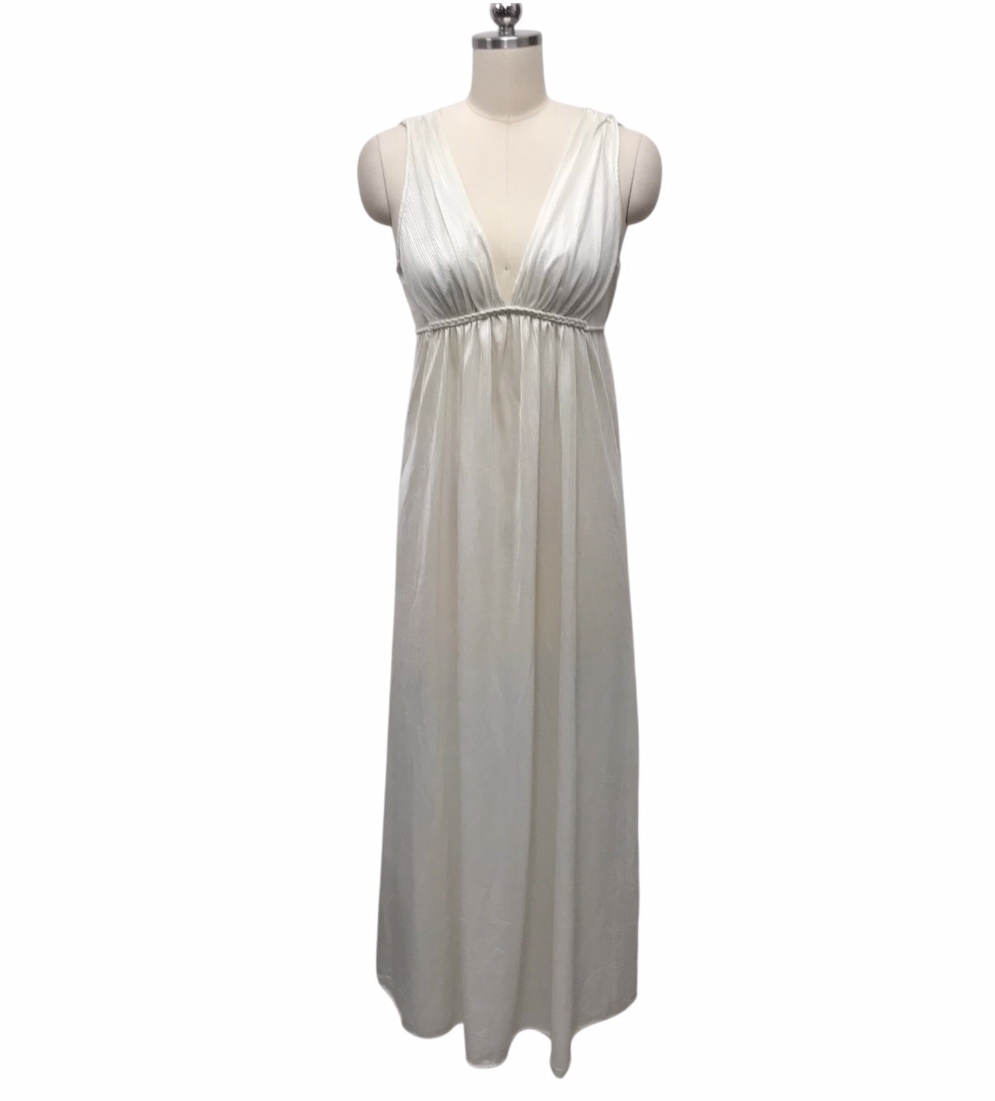 Vintage Val Mode Ivory Satin Full Length Slip Dress Goddess Empire Waist Sz M