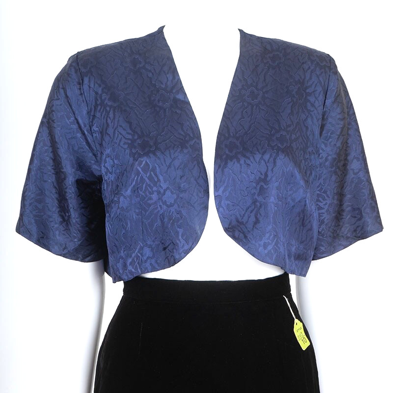 1940s-50s Vintage Shrug Electric Blue Satin Jacquard Rayon Acetate Large