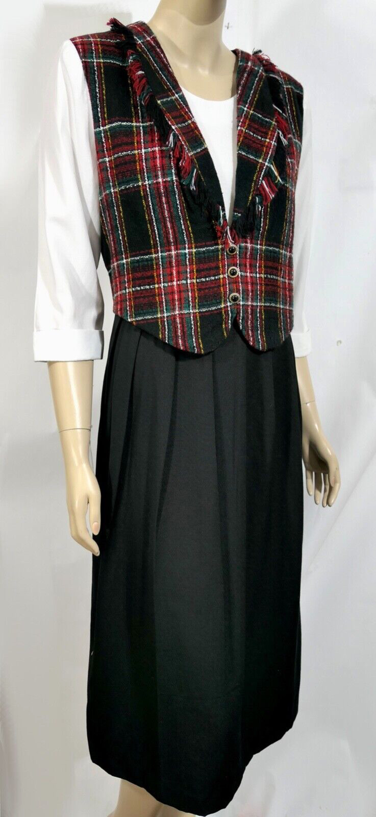 Vintage Miss Dorby Petite Plaid Fringe Vest Midi Dress Tie Back 80s 10P