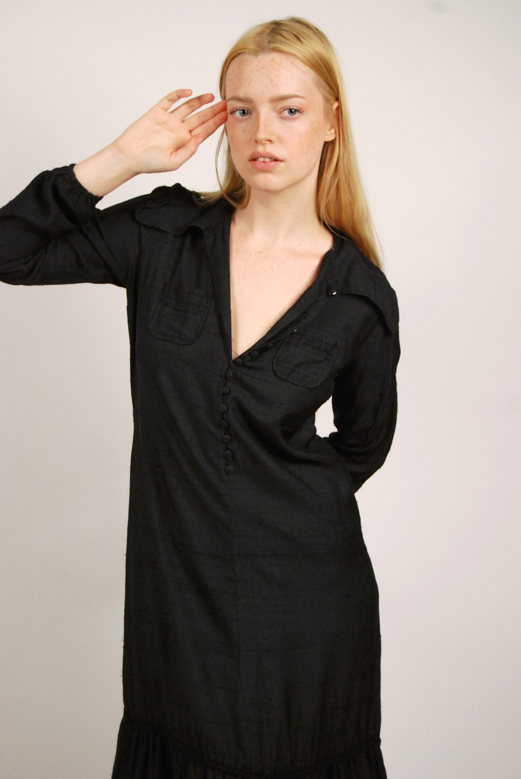 70s Button Up Dress (M) medium black vintage whimsygoth witchy peasant prairie