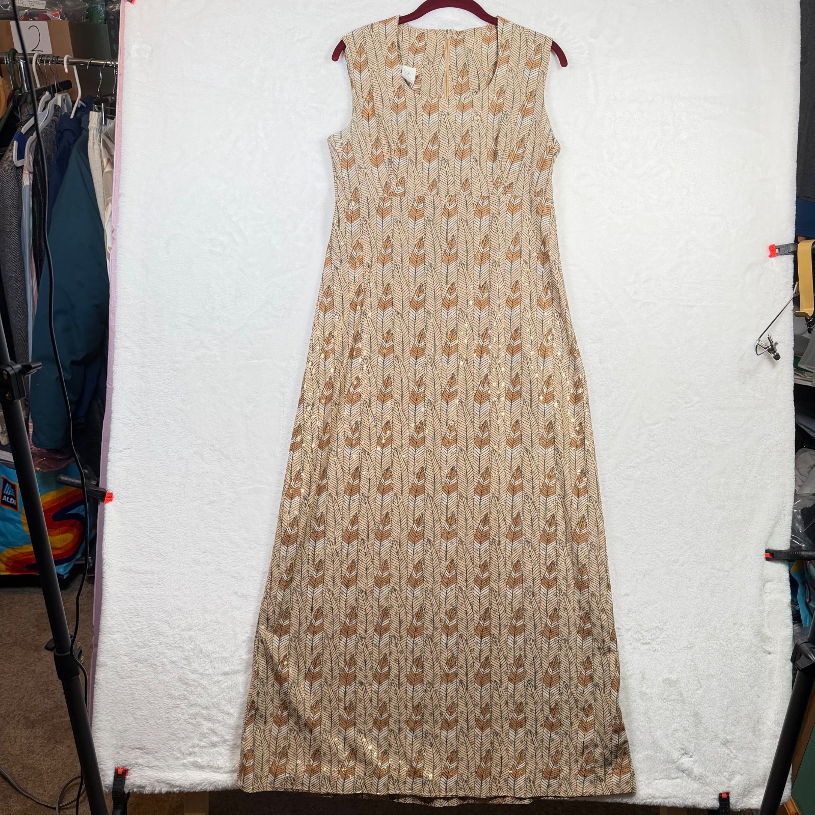Vintage L&rsquo;Aiglon Original Maxi Dress 14 Metallic Lurex Leaf Print Tan Boho 70s