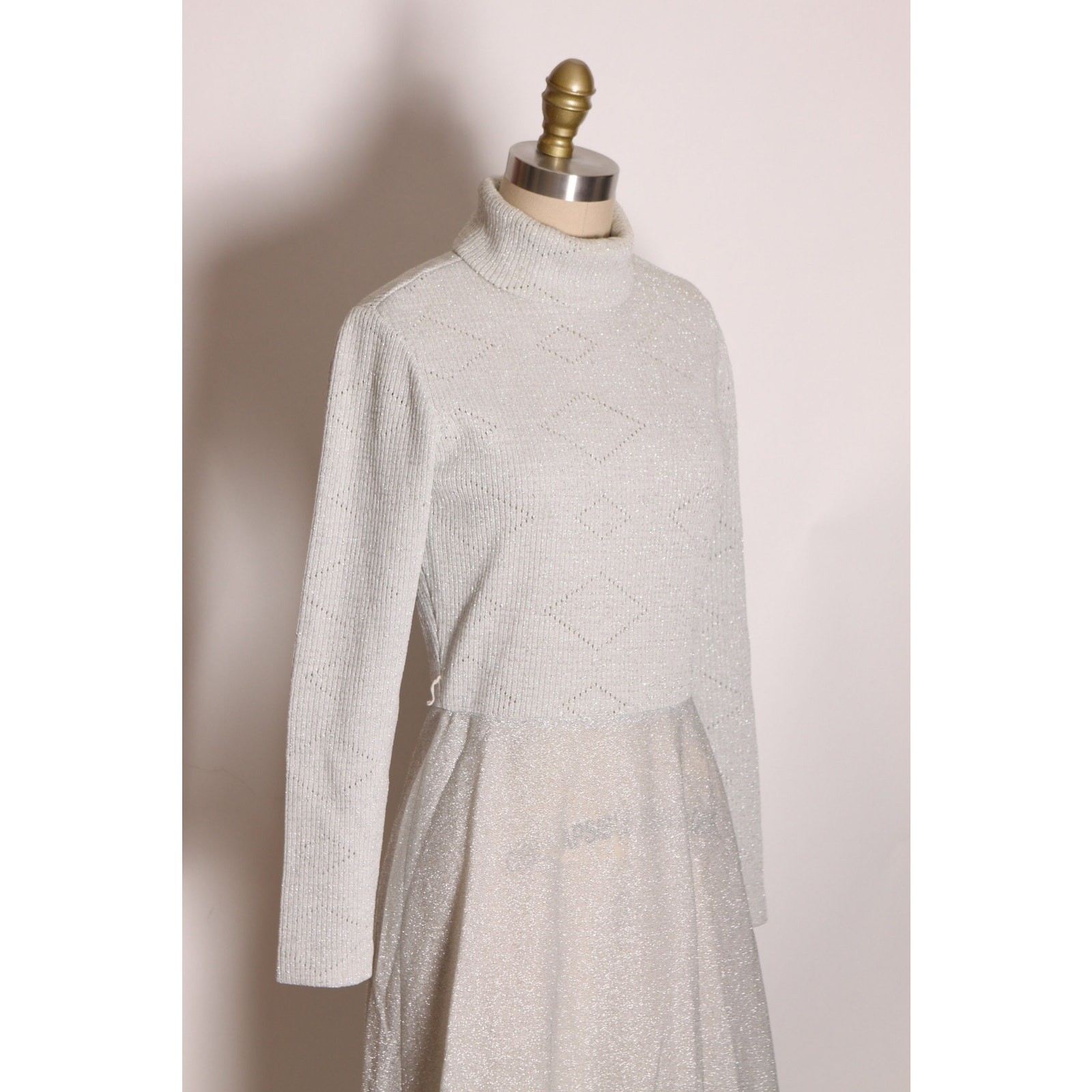 1970s Long Sleeve Turtleneck Silver Lurex Sweater Dress by Joseph Magnin