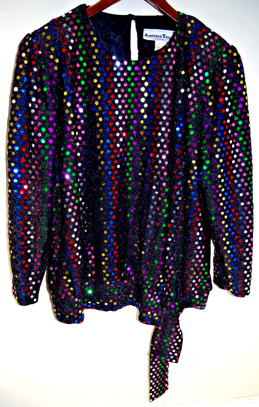 R2 – Another Thyme Top Vintage 20 Multicolor Dots Black Stretch Metallic Blouse