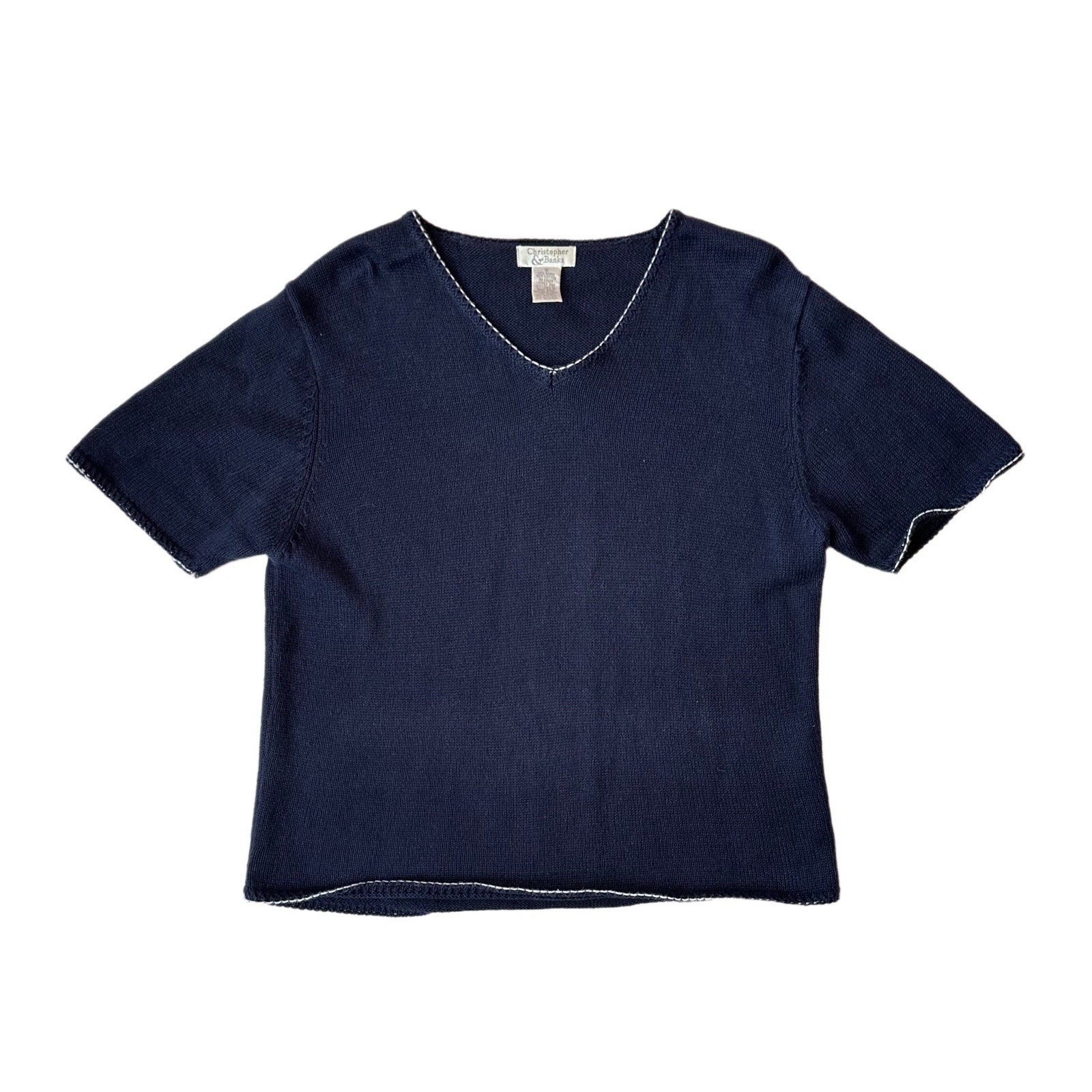VTG Christopher & Banks Navy V-Neck Knit Sweater Short Sleeve Womens Small