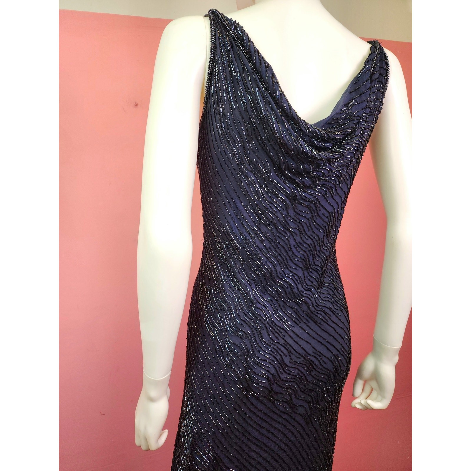 Vintage 1990&rsquo;s Silk Midnight Blue Beaded Cowl Neck Prom Dress Evening Gown
