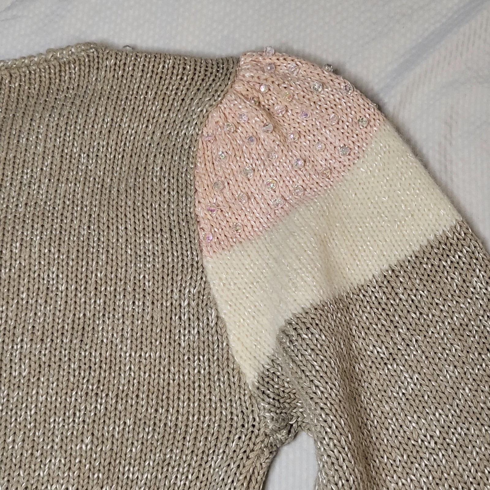80s Vtg Angora Beaded Pullover Knit Grandma Sweater Women&rsquo;s M Pink Colorblock