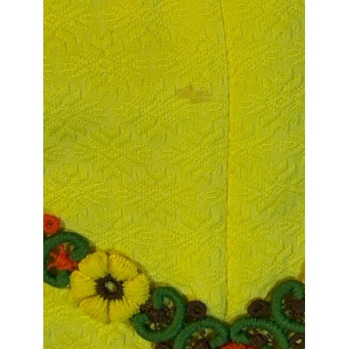 Vintage Yellow Mod Mini Dress Floral Embroidery Textured Pique 60s 70s Retro