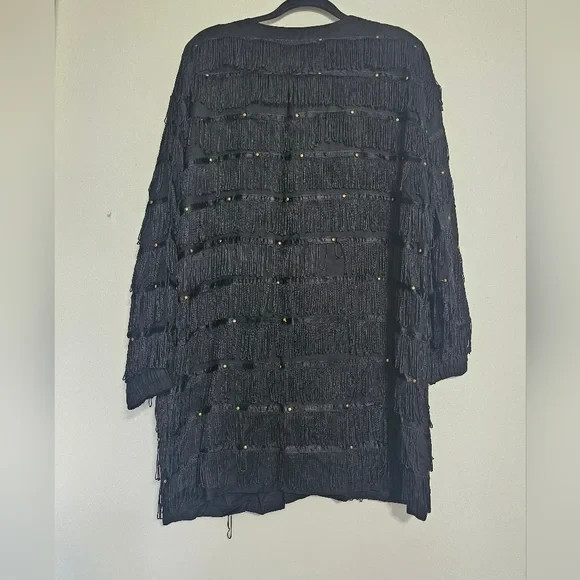Vintage Black Studded All Over String Fringe Jacket Made in Nepal Size Large