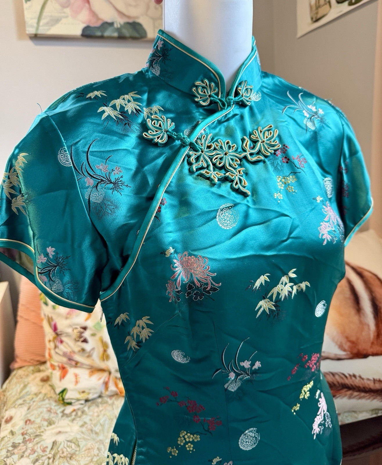VTG 70s Original Cheongsam Chinese Asian Teal Embroidered Maxi Dress Sz 34