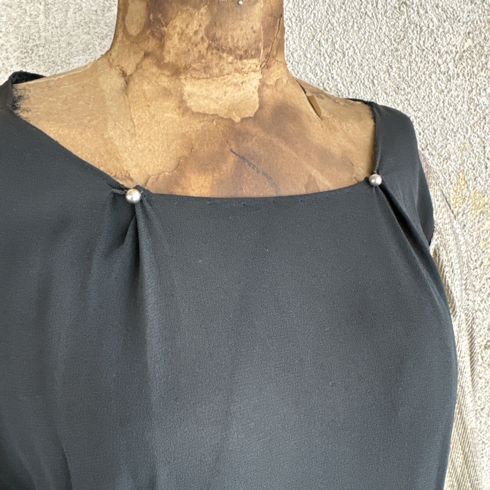 Vintage 1930s Black Silk Dress Silver Lamé Balloon Sleeves Metal Bead Accents
