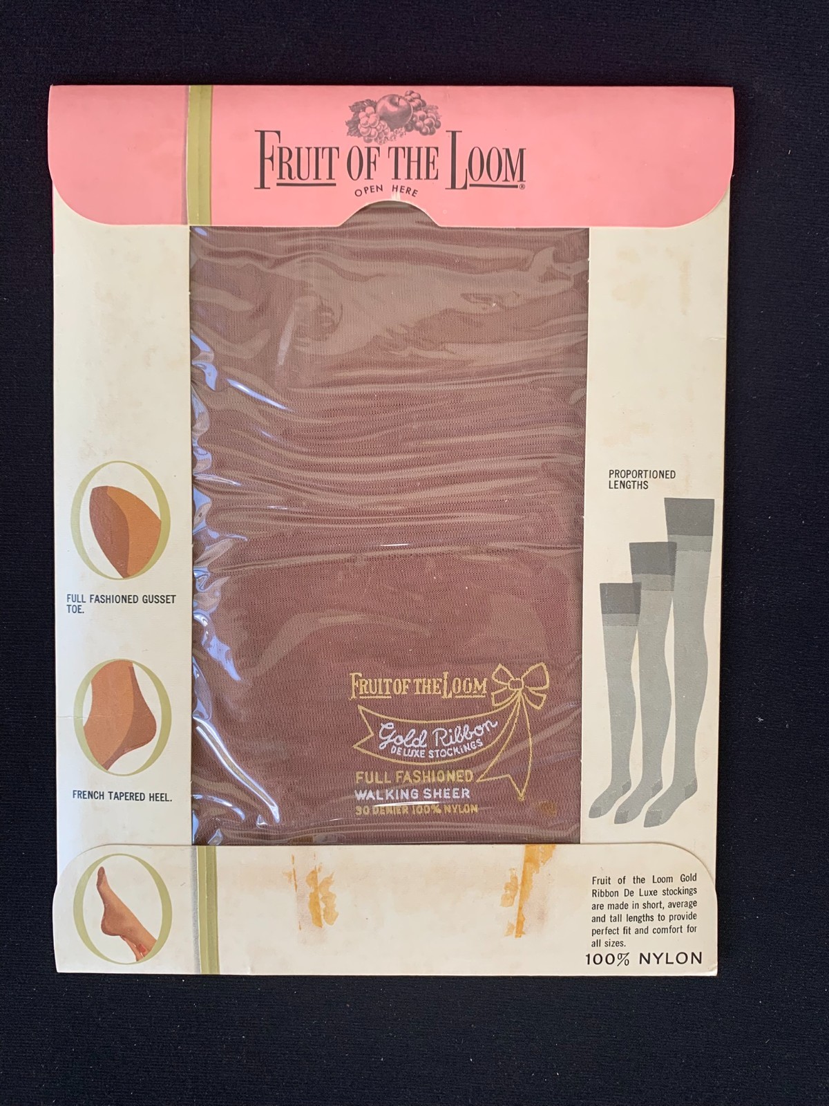 Vintage Fruit Of The Loom Nylon Stockings Gold Ribbon Deluxe Walking Sheers Sz 9