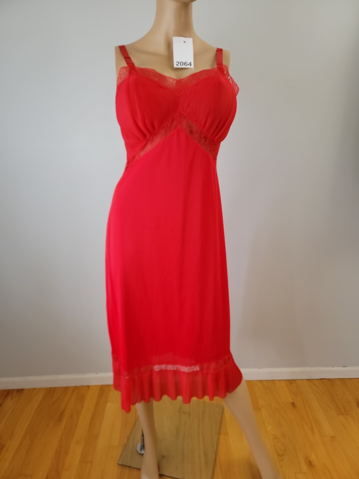 Vintage Charmode All Nylon Red Full Slip Pleated/Lace Detail Size 36 Tall