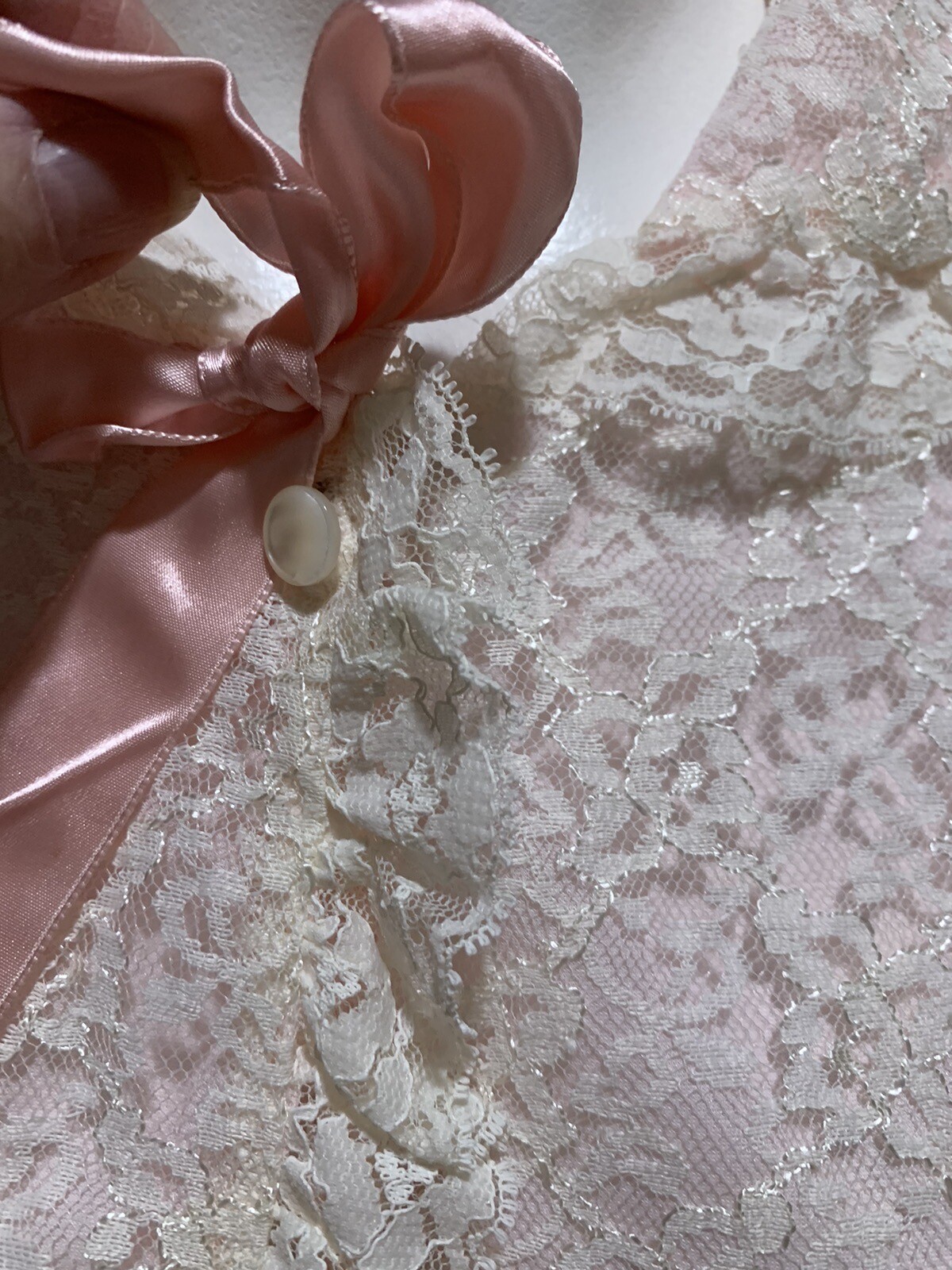 ❤️Vintage Bed Jacket M Pink Nylon Chiffon & Creamy Lace Mid Century 50s