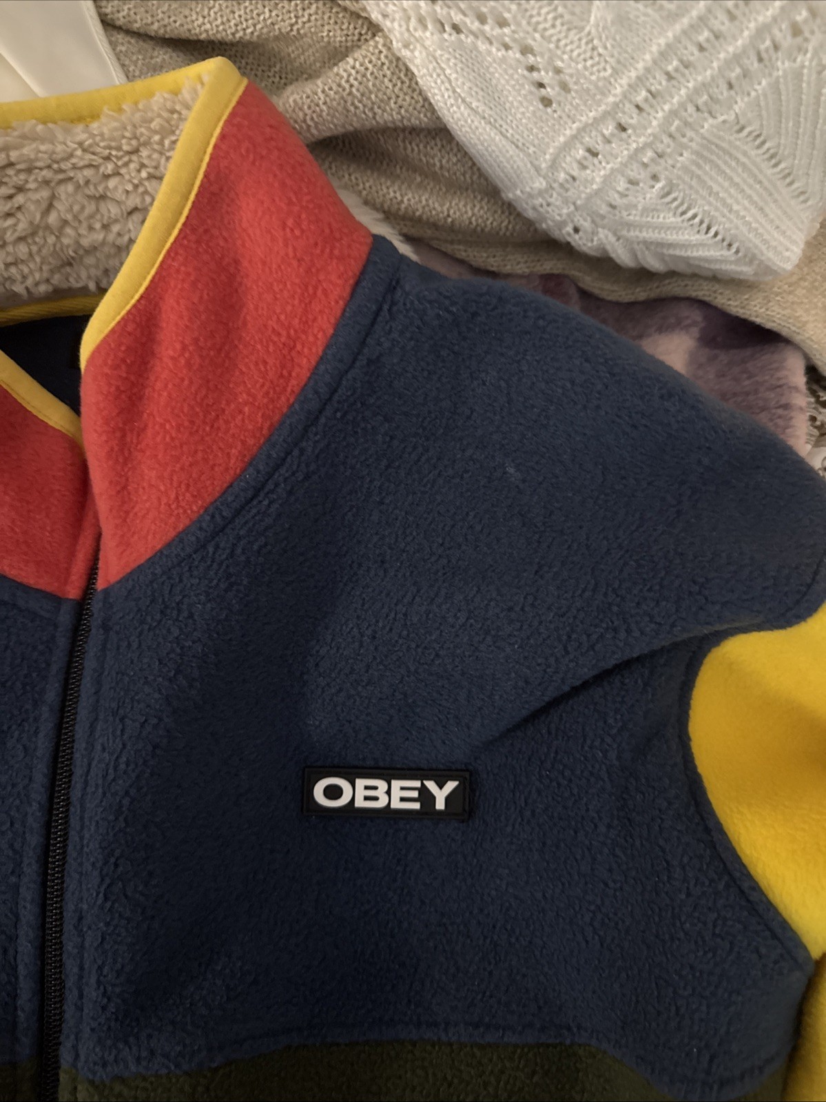 Obey Zip Up Sweater Color Block Large