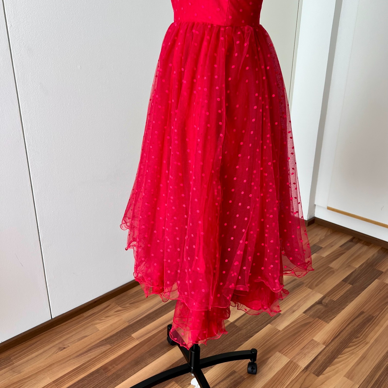 1980s VERA Mont Red Strapless Party Dress Polka Dot Tiered Midi Cocktail Prom