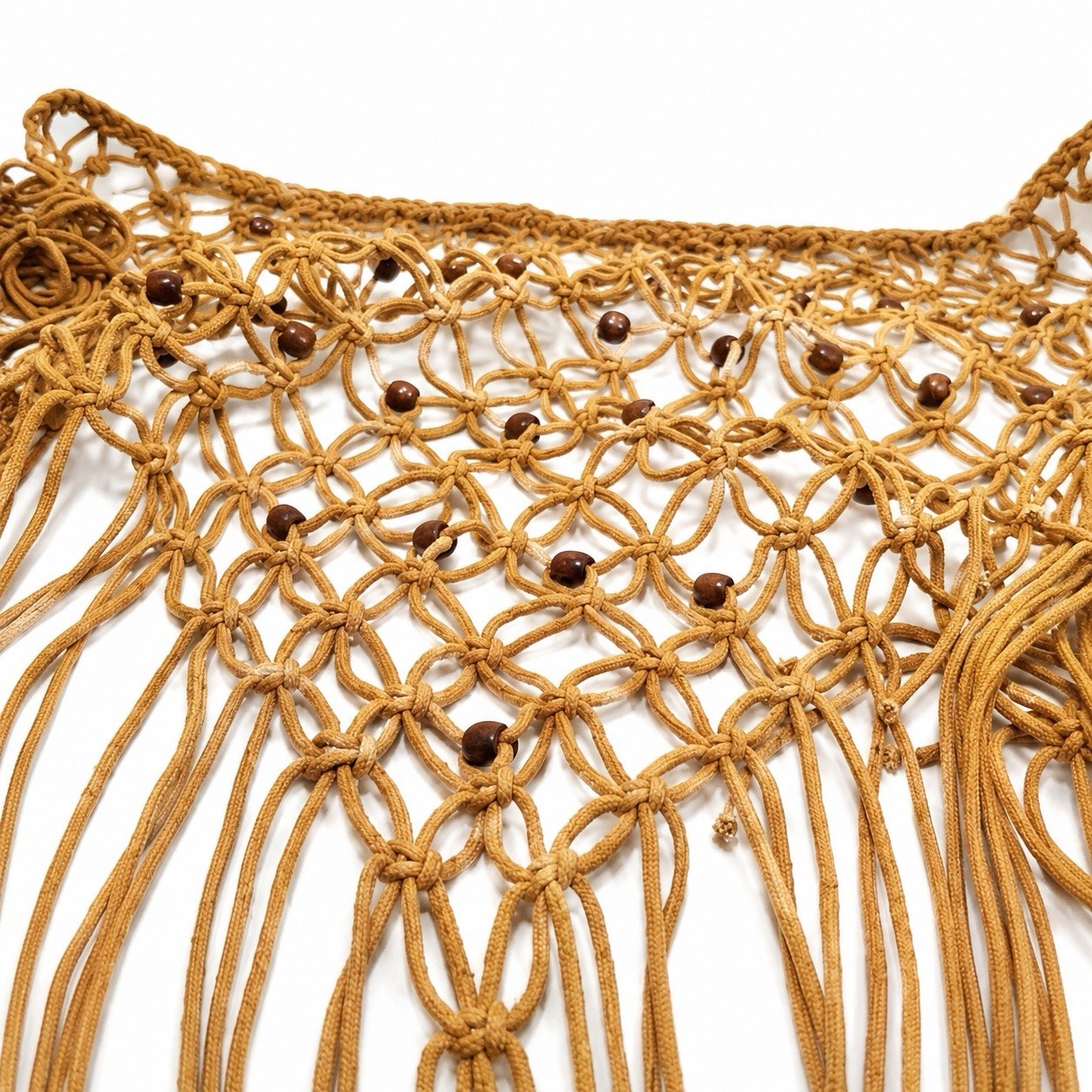 Vintage Boho Macrame Bikini Cover Up Tan Fringe Wood Beads Festival Wear