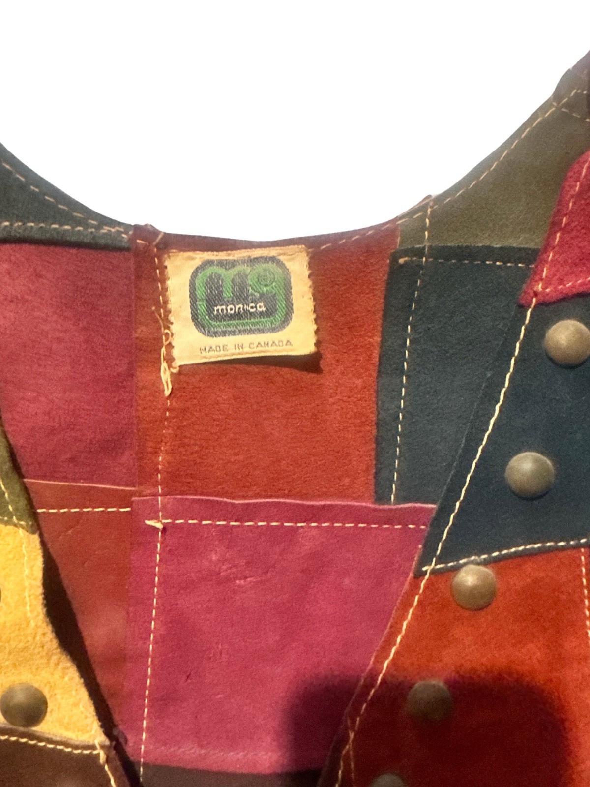 VINTAGE 1968 MONICA CANADA Suede Patchwork Fringe Vest Woodstock Hippie Rocker S