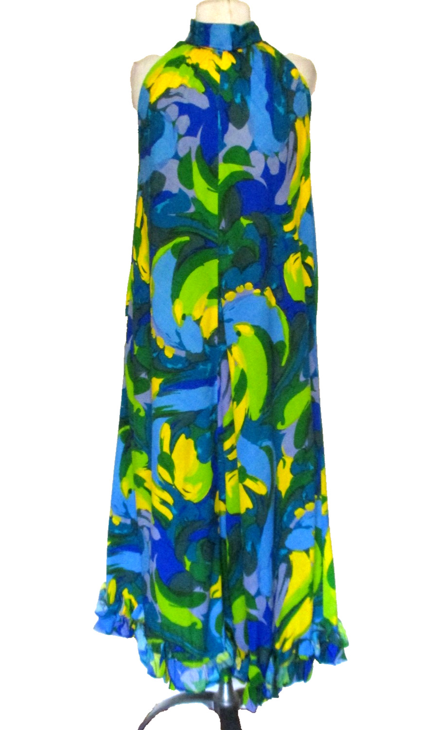 Vintage 60s SUN FASHIONS OF HAWAII Cotton Print Maxi Dress M/L Women Ruffle Hem