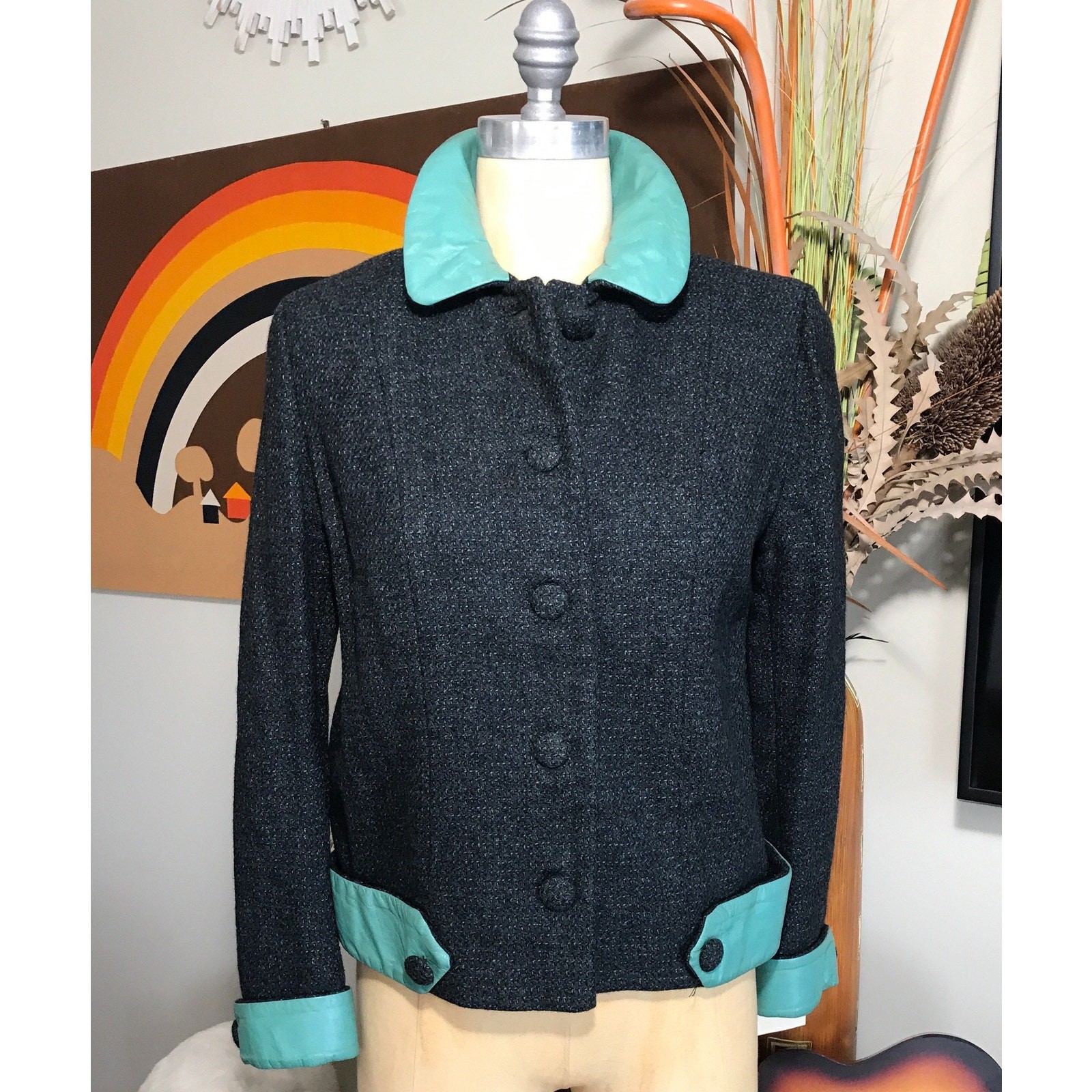 1940s Tweed Short Waist Jacket Green Teal Leather Trim Bolero Crop Blazer Small