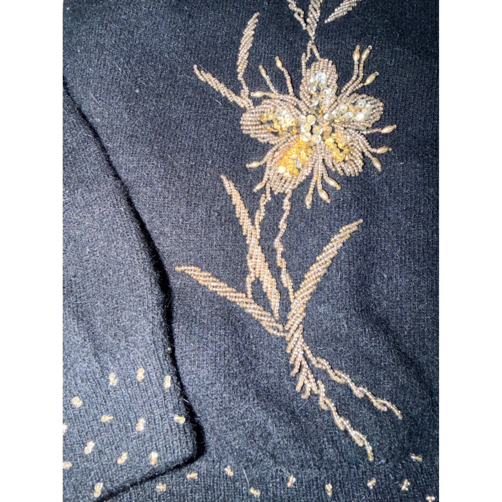 Vintage Fully Fashioned Fur Blend Black Bronze Beaded Floral Cardigan Sweater