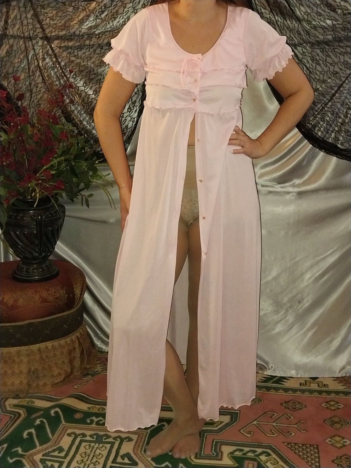 VTG Silky Nylon Pink Sissy Layer Ruffles Sleep nightie robe LONG 50S P/S 36&Prime; NEW